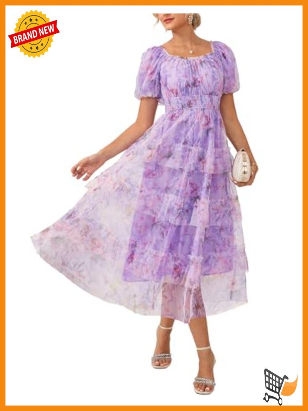 Floral Tulle Midi Dress Square Neck Puff Sleeve Smocked A-Line
